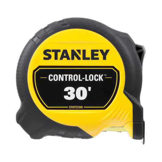 The STANLEY 30 ft. CONTROL-LOCK™ Tape Measure features a yellow and black design with the brand and model name on the side, offering durability and precision for all your measuring tasks.